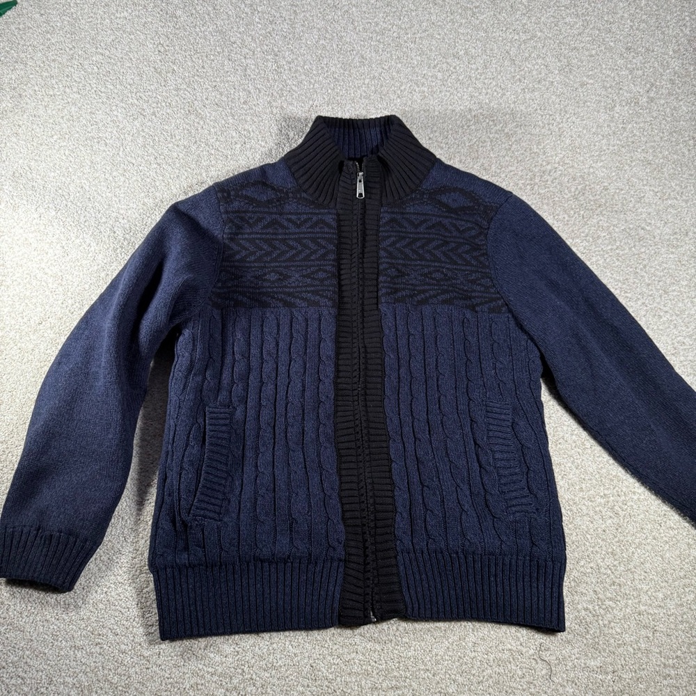 Boston Traders Mens Sweater Blue Large Cotton Full Zip Fleece Lined High Neck